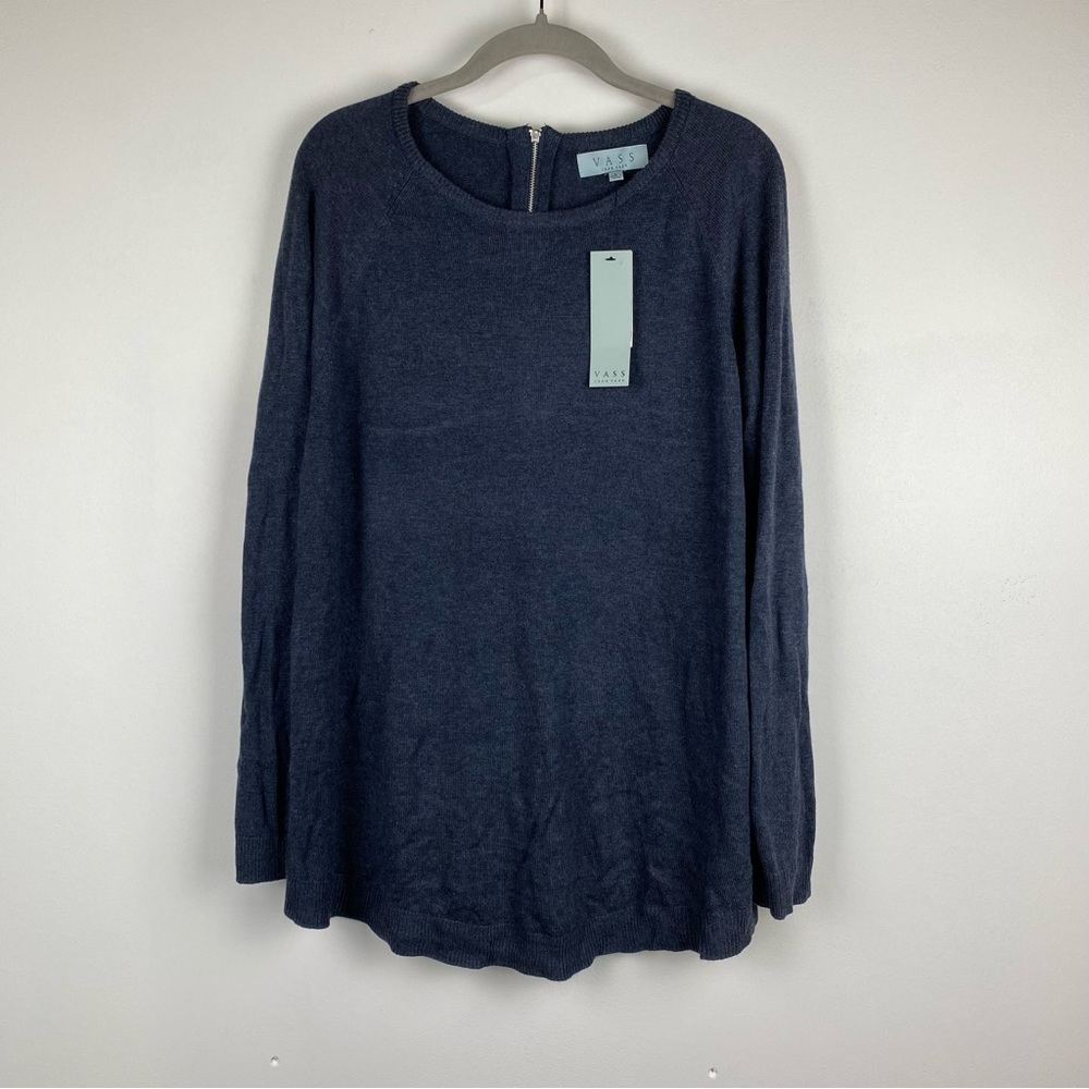 NWT Joan Vass Washed Denim Heather Zip Back Pullover Sweater, Size Large